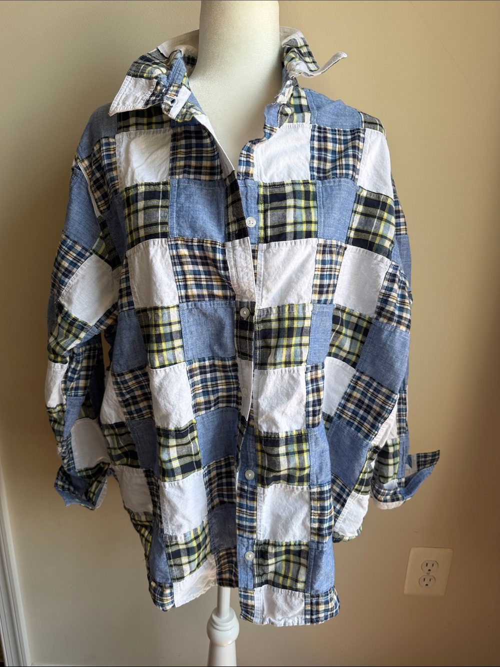 Marsh Landing Shirt Women's 2X Blue White Patchwork Madras Plaid Teacher